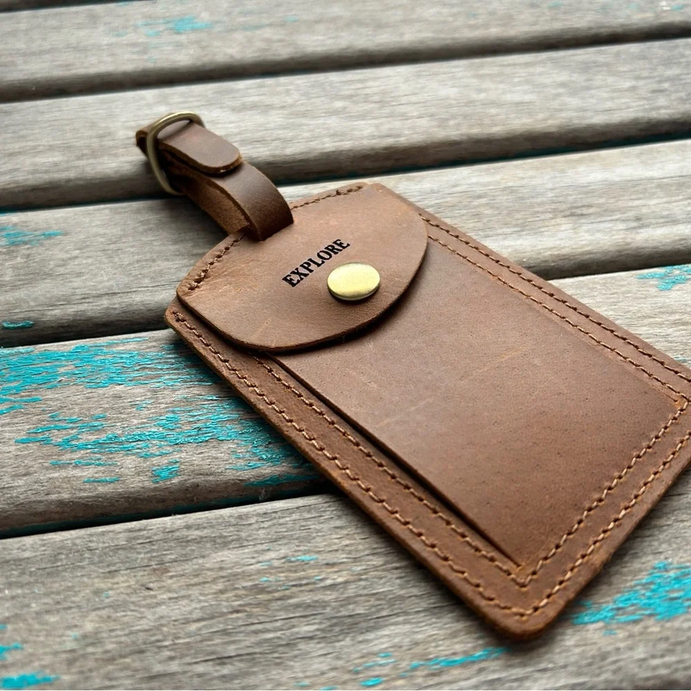Leather Luggage Tag - Engraved with “EXPLORE” - NEW